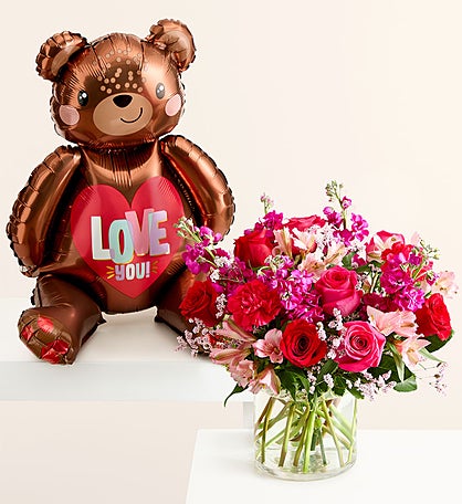 Floral Fantasy Bouquet with Love Bear Balloon